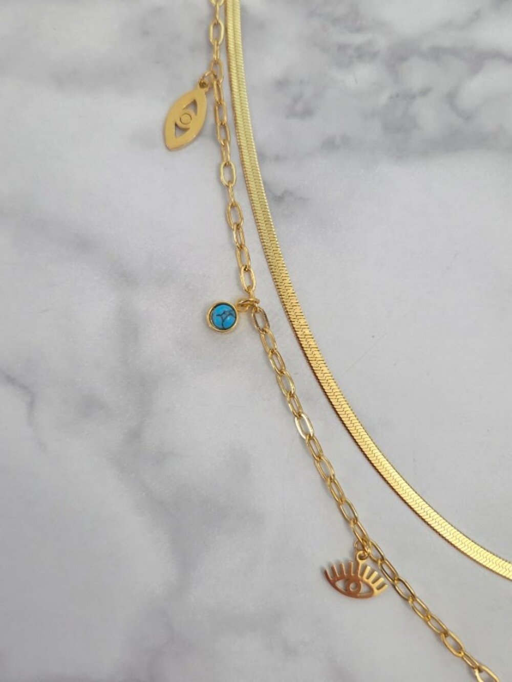 Gold Layered Evil Eye Necklace with Blue Eye Charms & Snake Chain - Picture 4 of 12